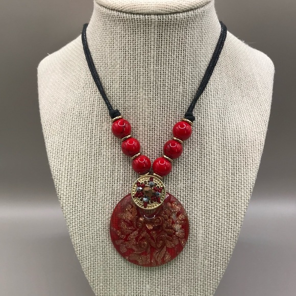 Red Glass Pendant & Acrylic Bead Necklace - Picture 2 of 8